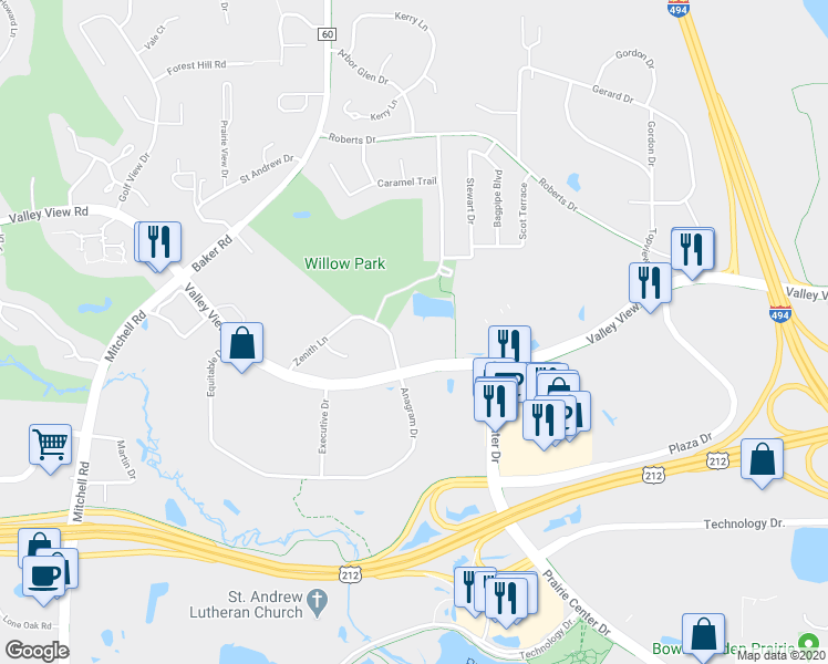 map of restaurants, bars, coffee shops, grocery stores, and more near 13384 Zenith Lane in Eden Prairie