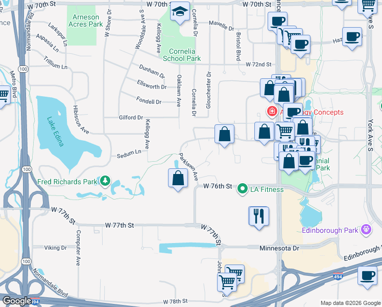 map of restaurants, bars, coffee shops, grocery stores, and more near in Edina