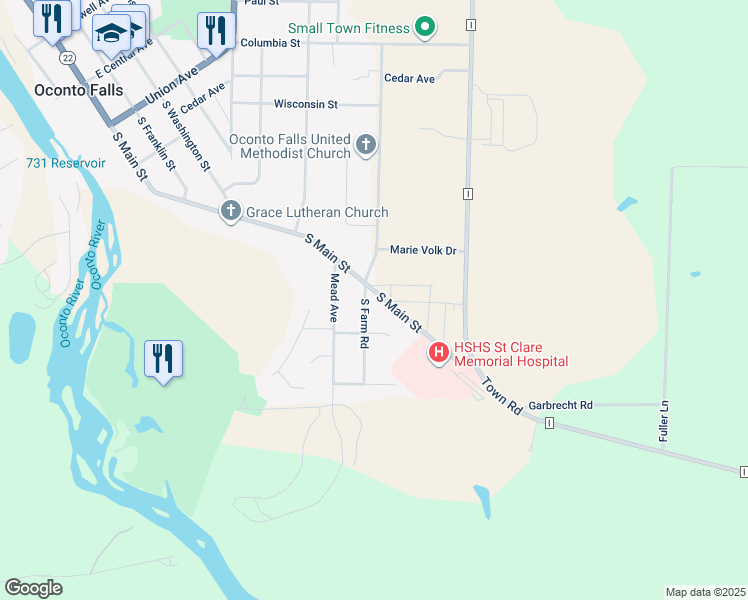 map of restaurants, bars, coffee shops, grocery stores, and more near 811 South Main Street in Oconto Falls