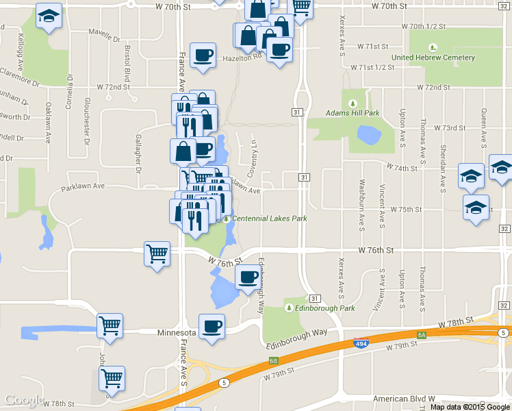 map of restaurants, bars, coffee shops, grocery stores, and more near 3451 Parklawn Avenue in Edina