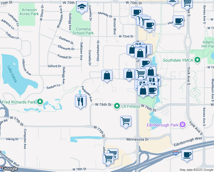 map of restaurants, bars, coffee shops, grocery stores, and more near 4141 Parklawn Avenue in Minneapolis