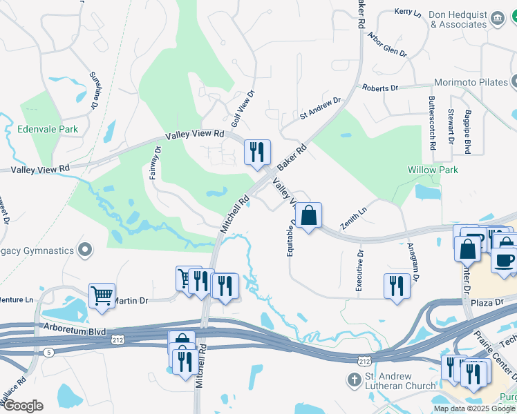 map of restaurants, bars, coffee shops, grocery stores, and more near 7513 Mitchell Road in Eden Prairie