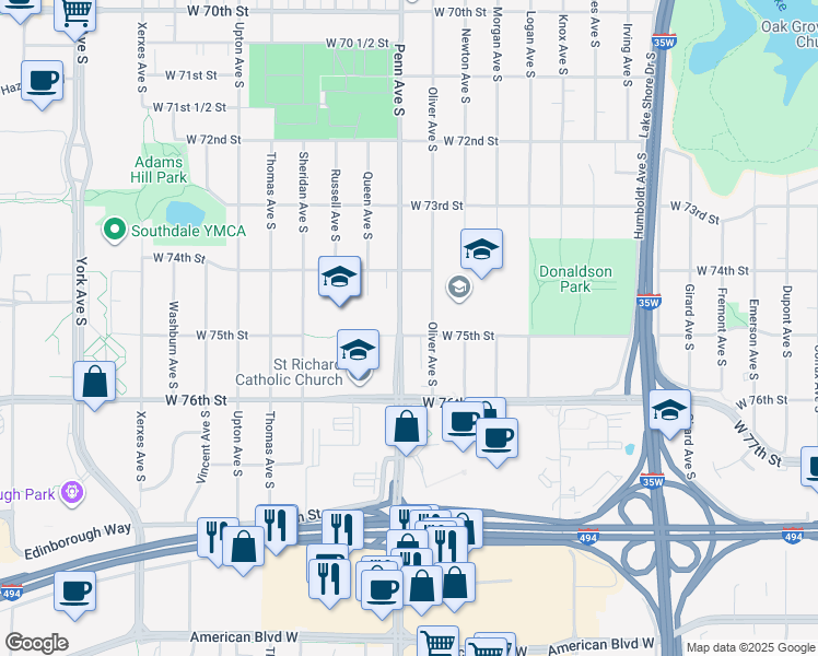 map of restaurants, bars, coffee shops, grocery stores, and more near 7445 Penn Avenue South in Minneapolis