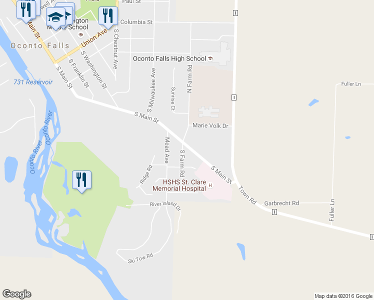 map of restaurants, bars, coffee shops, grocery stores, and more near 811 South Main Street in Oconto Falls
