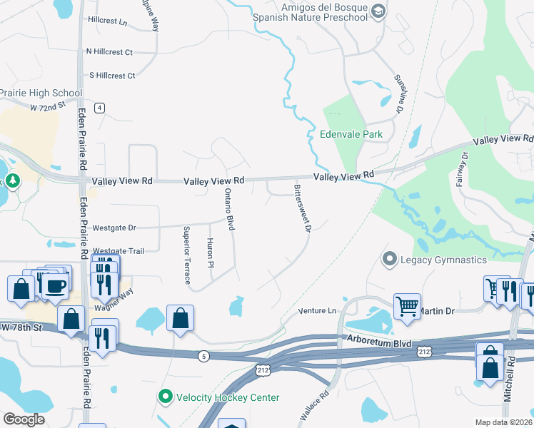 map of restaurants, bars, coffee shops, grocery stores, and more near 15375 Trillium Circle in Eden Prairie