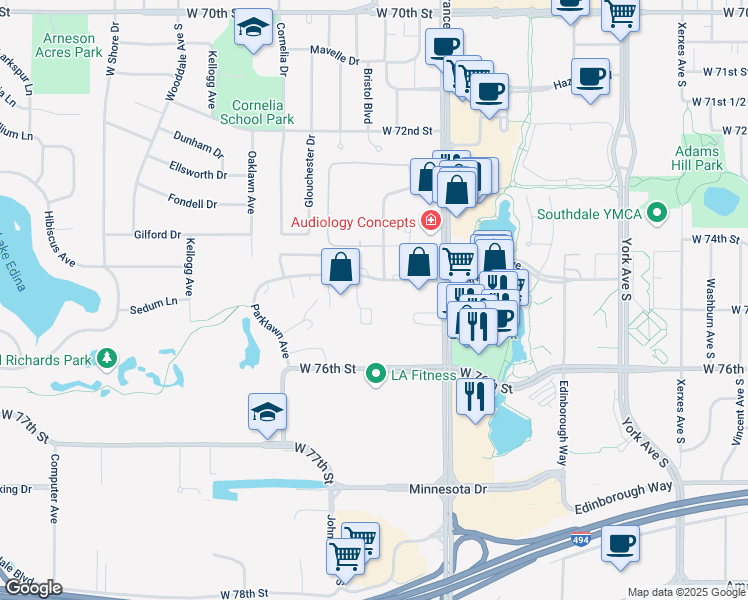 map of restaurants, bars, coffee shops, grocery stores, and more near in Edina