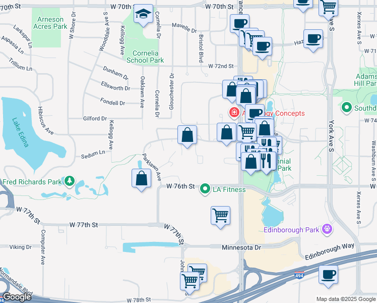 map of restaurants, bars, coffee shops, grocery stores, and more near 4141 Parklawn Avenue in Minneapolis
