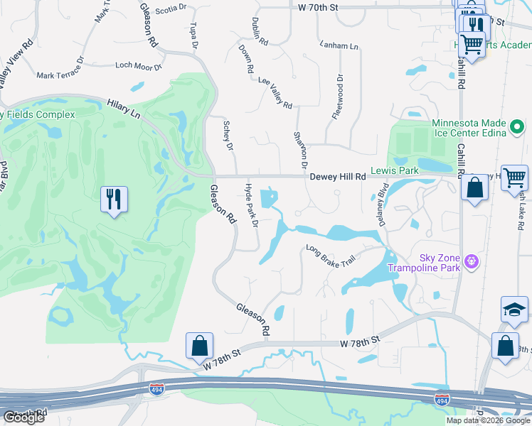 map of restaurants, bars, coffee shops, grocery stores, and more near 7423 Hyde Park Lane in Edina