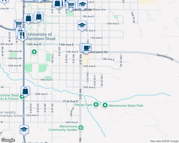 map of restaurants, bars, coffee shops, grocery stores, and more near 1609 10th Street East in Menomonie