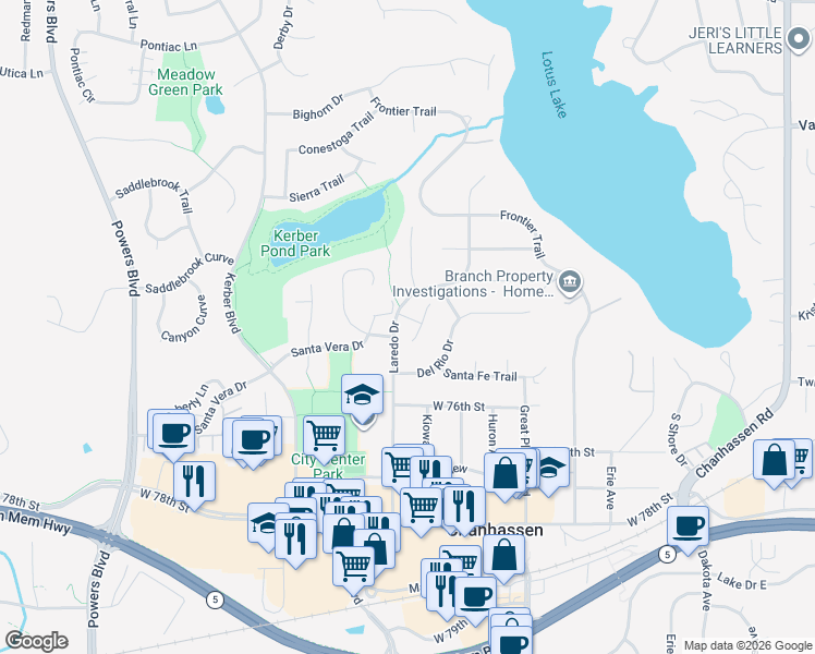 map of restaurants, bars, coffee shops, grocery stores, and more near 502 Laredo Lane in Chanhassen