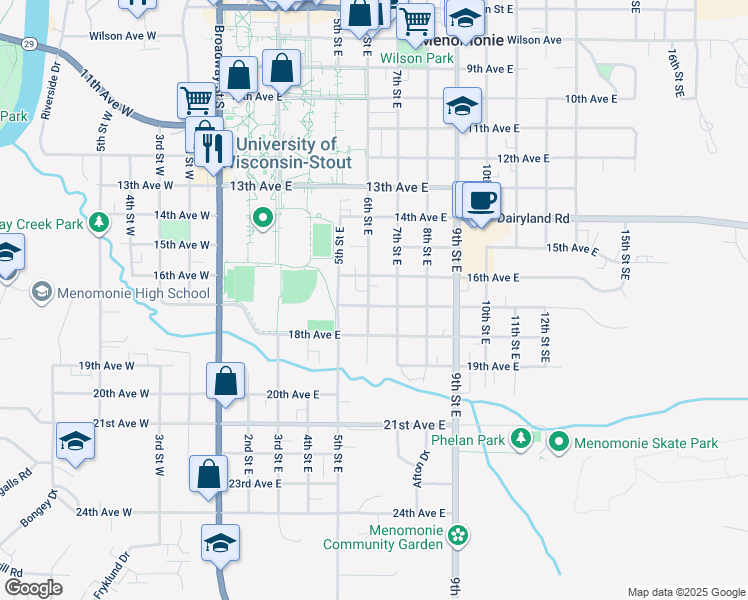 map of restaurants, bars, coffee shops, grocery stores, and more near 1608 6th Street East in Menomonie