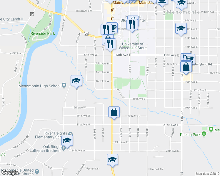 map of restaurants, bars, coffee shops, grocery stores, and more near 1621 Broadway Street South in Menomonie
