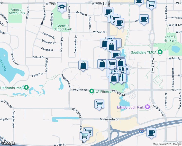 map of restaurants, bars, coffee shops, grocery stores, and more near in Edina