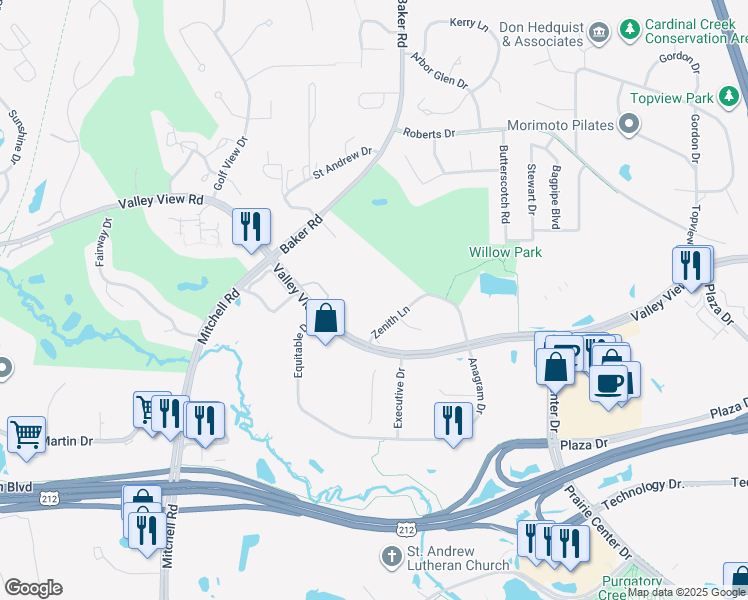 map of restaurants, bars, coffee shops, grocery stores, and more near 13700 Valley View Road in Eden Prairie
