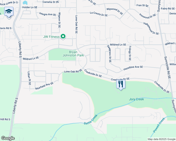 map of restaurants, bars, coffee shops, grocery stores, and more near 435 Creekside Drive Southeast in Salem