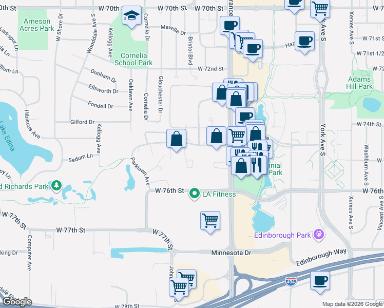 map of restaurants, bars, coffee shops, grocery stores, and more near in Edina