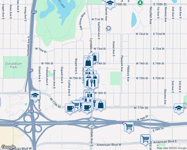 map of restaurants, bars, coffee shops, grocery stores, and more near 7437 Lyndale Avenue South in Richfield