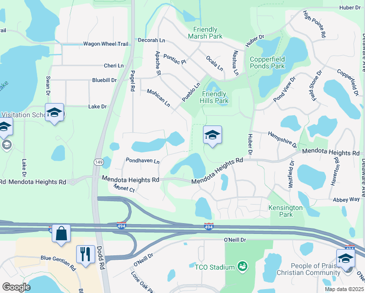 map of restaurants, bars, coffee shops, grocery stores, and more near 723 Mohican Court in Mendota Heights