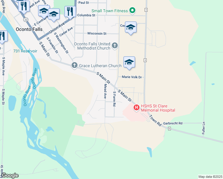 map of restaurants, bars, coffee shops, grocery stores, and more near 717 South Main Street in Oconto Falls