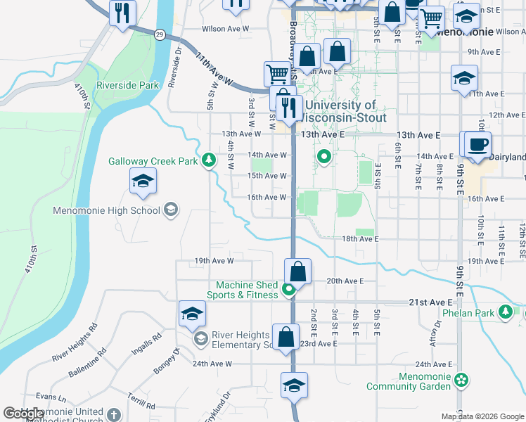 map of restaurants, bars, coffee shops, grocery stores, and more near 1602 3rd Street West in Menomonie