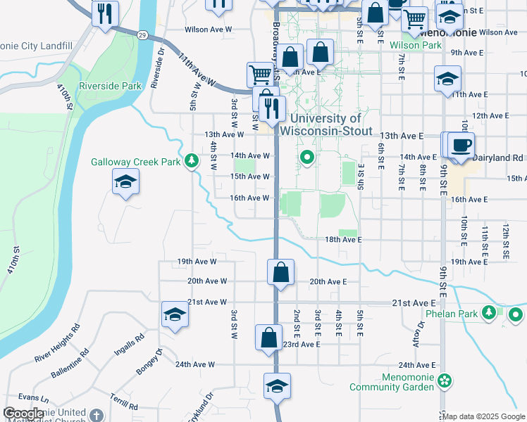 map of restaurants, bars, coffee shops, grocery stores, and more near 115 17th Avenue West in Menomonie