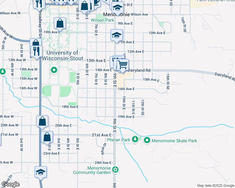 map of restaurants, bars, coffee shops, grocery stores, and more near 1609 10th Street East in Menomonie