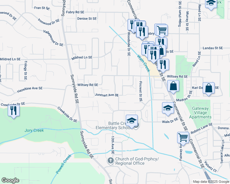 map of restaurants, bars, coffee shops, grocery stores, and more near 6062 Woodside Drive Southeast in Salem