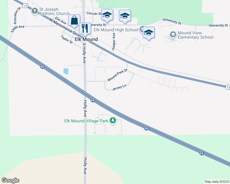 map of restaurants, bars, coffee shops, grocery stores, and more near 306 Jersey Lane in Elk Mound