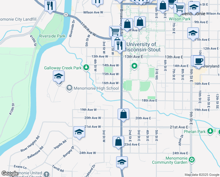 map of restaurants, bars, coffee shops, grocery stores, and more near 1602 3rd Street West in Menomonie