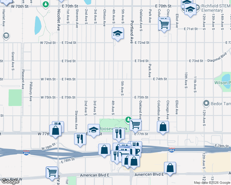map of restaurants, bars, coffee shops, grocery stores, and more near 7429 4th Avenue South in Minneapolis