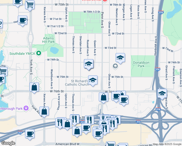 map of restaurants, bars, coffee shops, grocery stores, and more near 7500 Penn Avenue South in Minneapolis