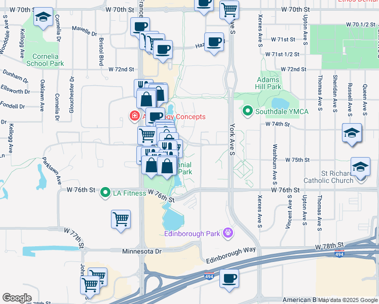 map of restaurants, bars, coffee shops, grocery stores, and more near 7400 Edinborough Way in Minneapolis