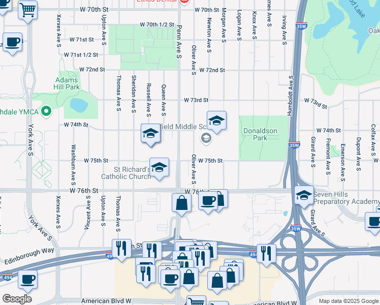 map of restaurants, bars, coffee shops, grocery stores, and more near 7434 Oliver Avenue South in Minneapolis