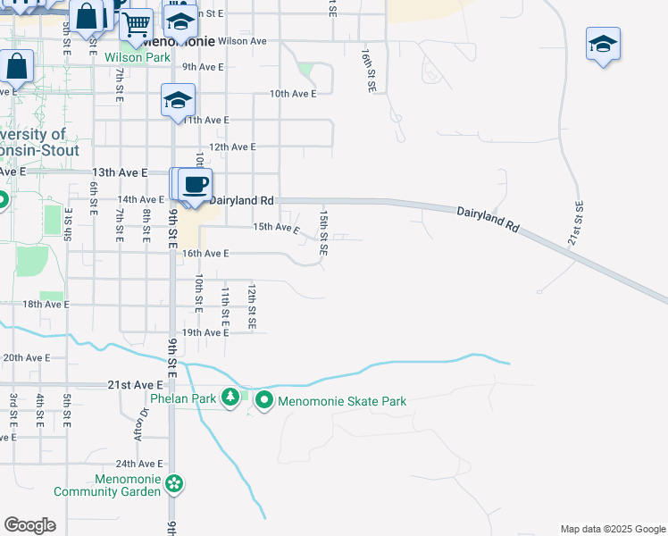 map of restaurants, bars, coffee shops, grocery stores, and more near 1608 15th Street Southeast in Menomonie