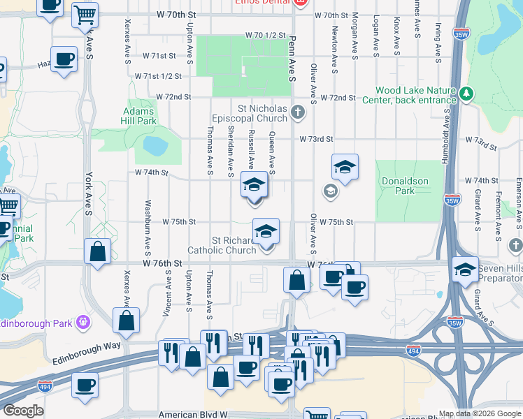 map of restaurants, bars, coffee shops, grocery stores, and more near 7500 Penn Avenue South in Minneapolis