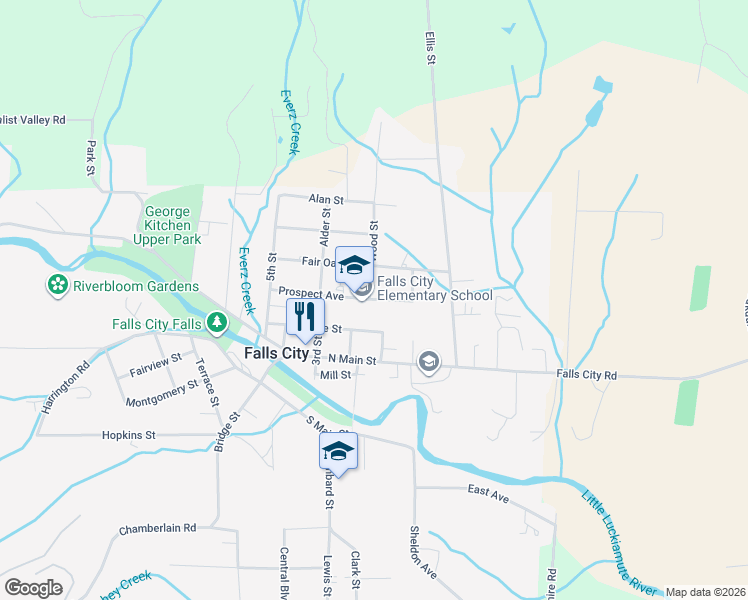 map of restaurants, bars, coffee shops, grocery stores, and more near 177 Prospect Avenue in Falls City