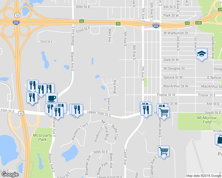 map of restaurants, bars, coffee shops, grocery stores, and more near 5475 Bryce Avenue in Inver Grove Heights