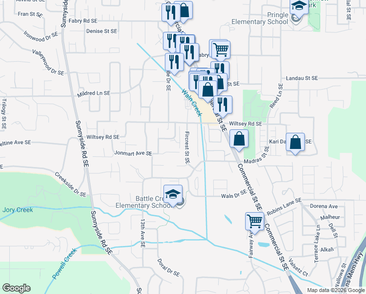 map of restaurants, bars, coffee shops, grocery stores, and more near 6045 Fircrest Street Southeast in Salem