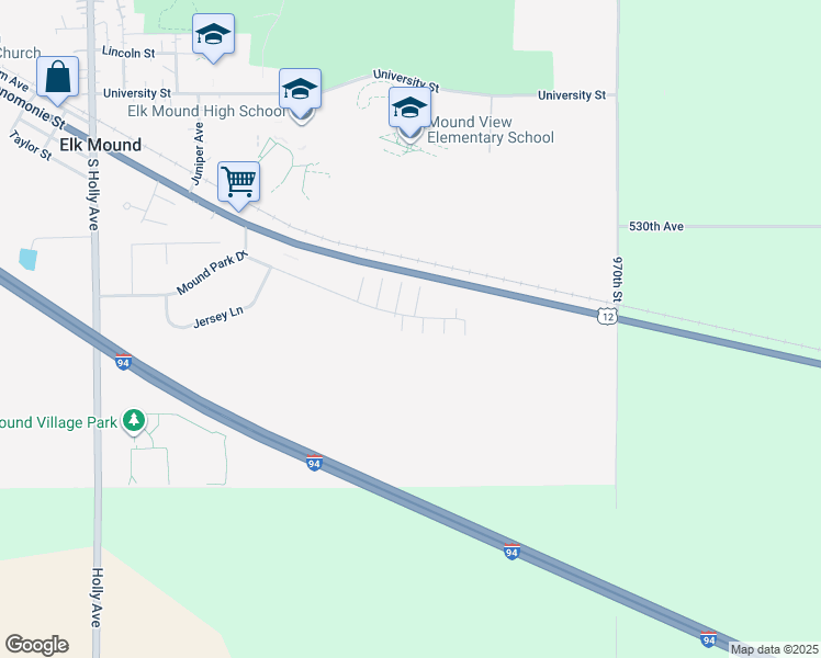 map of restaurants, bars, coffee shops, grocery stores, and more near 224 Independence Drive in Elk Mound