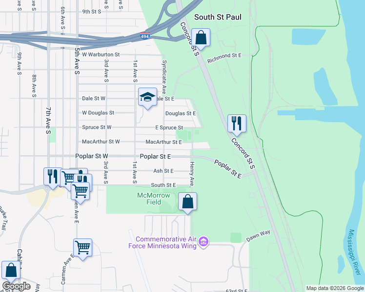 map of restaurants, bars, coffee shops, grocery stores, and more near 254 Macarthur Street East in South Saint Paul