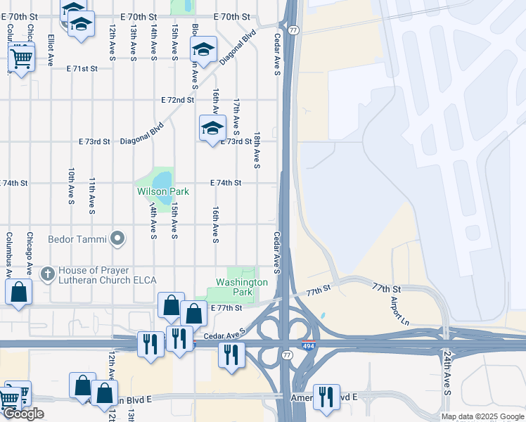 map of restaurants, bars, coffee shops, grocery stores, and more near 7431 18th Avenue South in Richfield