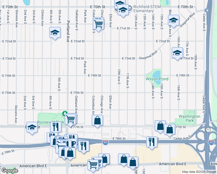 map of restaurants, bars, coffee shops, grocery stores, and more near 7427 Chicago Avenue in Minneapolis