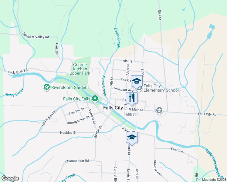 map of restaurants, bars, coffee shops, grocery stores, and more near 556 Mitchell Street in Falls City