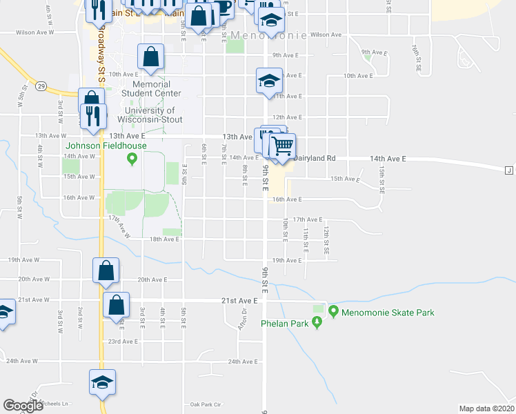 map of restaurants, bars, coffee shops, grocery stores, and more near 1609 9th Street East in Menomonie