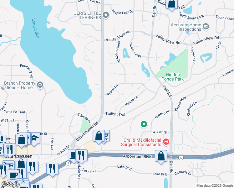 map of restaurants, bars, coffee shops, grocery stores, and more near 7517 Debbie Lane in Eden Prairie