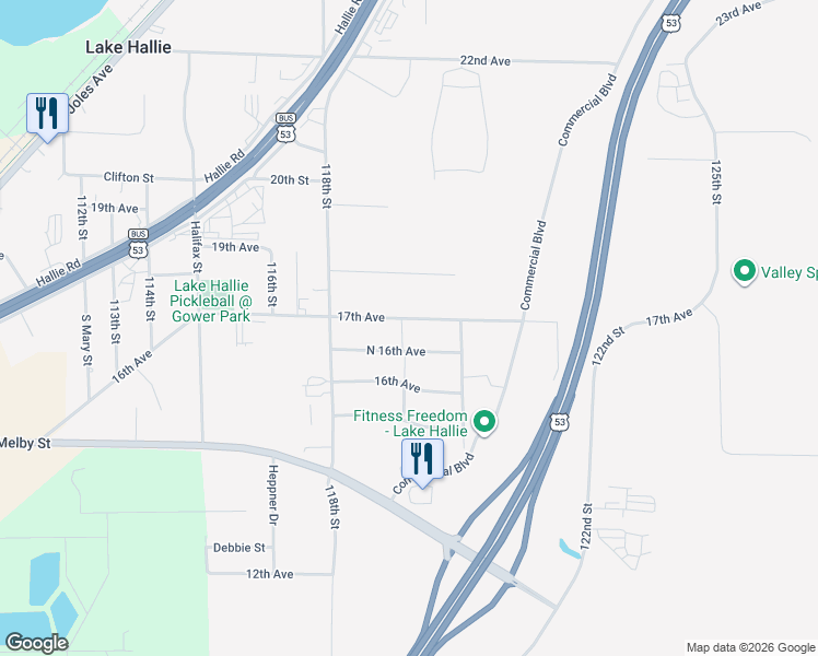 map of restaurants, bars, coffee shops, grocery stores, and more near 11907 17th Avenue in Chippewa Falls