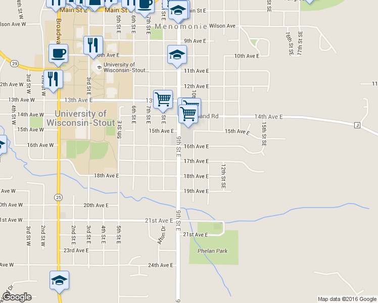 map of restaurants, bars, coffee shops, grocery stores, and more near 1609 10th Street East in Menomonie
