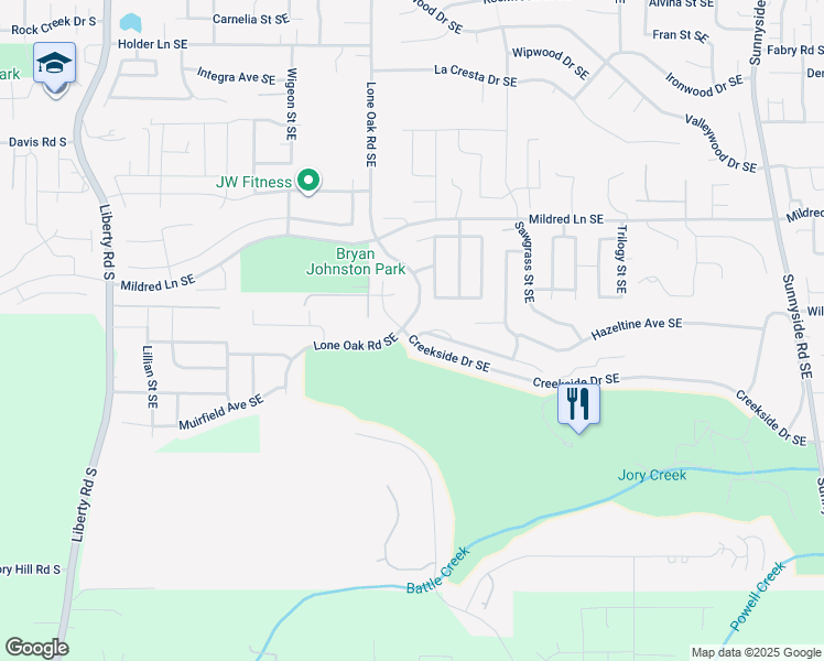 map of restaurants, bars, coffee shops, grocery stores, and more near 435 Creekside Drive Southeast in Salem