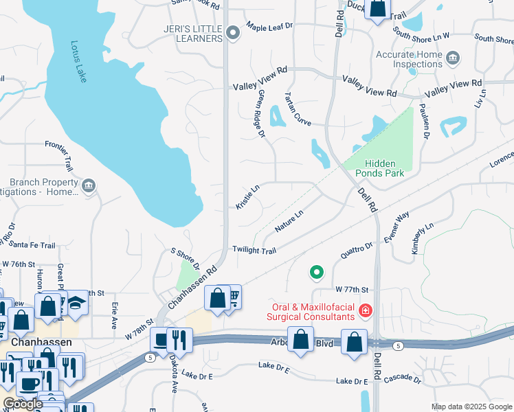 map of restaurants, bars, coffee shops, grocery stores, and more near 7517 Debbie Lane in Eden Prairie
