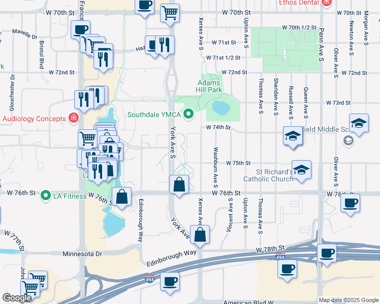 map of restaurants, bars, coffee shops, grocery stores, and more near 7425 York Terrace in Minneapolis